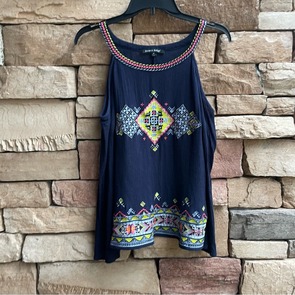 Sweet Rain navy blue cold shoulder embroidered blouse top Medium